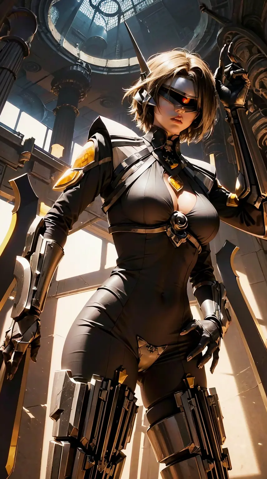 1girl, (detailed eyes, eye patch), (detailed lips), (intense expression), (exquisite face), (mechanical, futuristic armor), (sum...