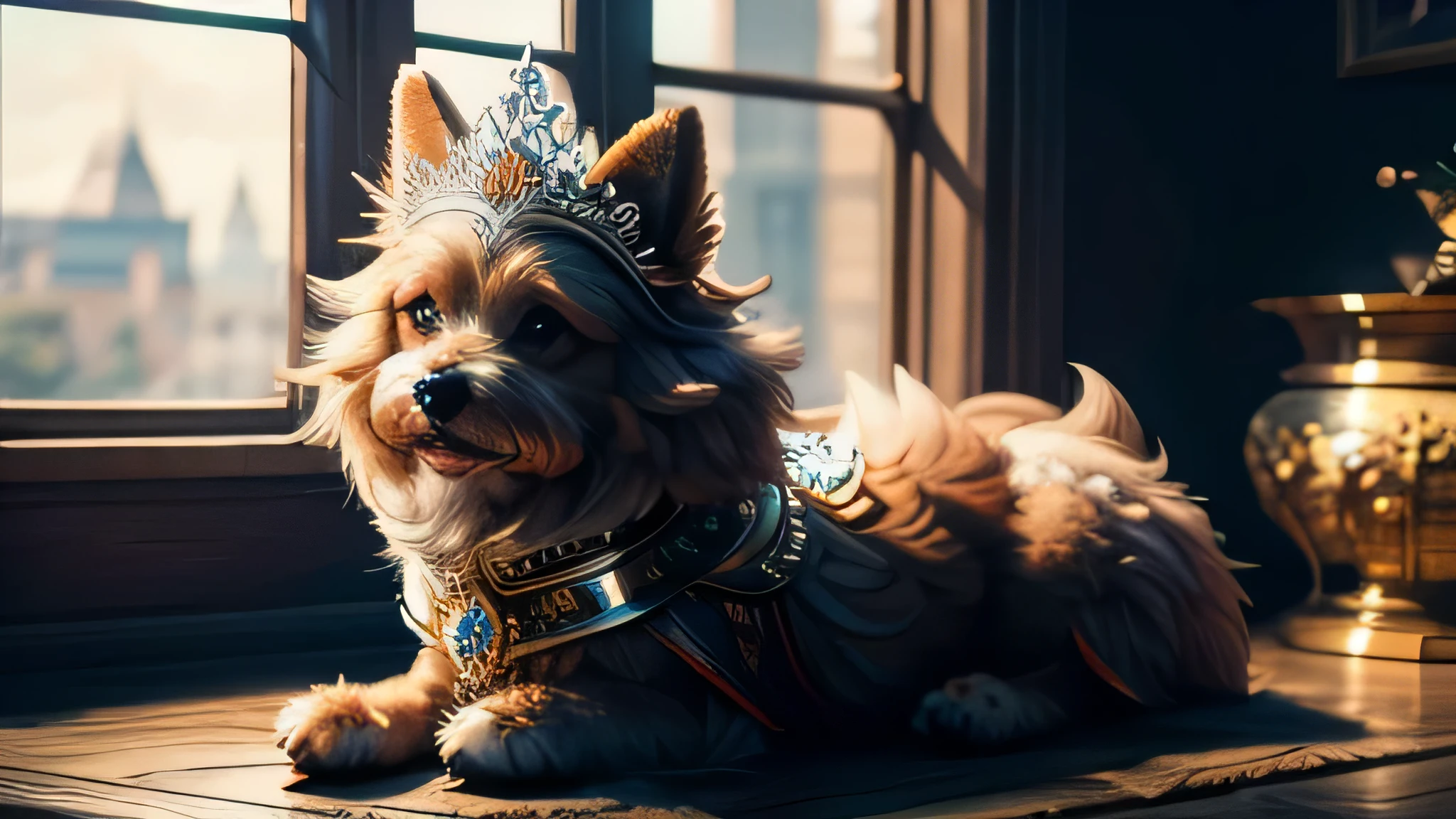 perro peludo sentado, usando una tiara divertida, Realista, alta calidad, enfoque nítido, Detalles altos,