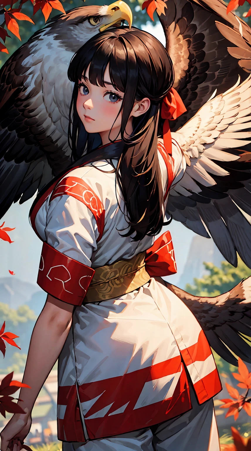 1girl in,women's pictures, Attach a large red ribbon to the back of the head,with a big eagle、a beautiful painting、High quality,Best Quality, in 8K、Kimono, Wear pants,In the wilderness,Colored leaves