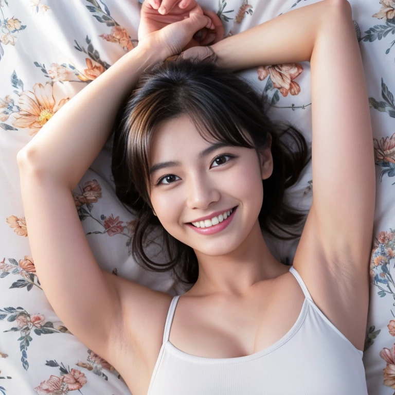 Japanese actress Asami Mizukawa,(Ultra Real), (Illustration), (High Resolution), (8K), (Very Detailed), (Best Illustration), (Beautiful Detailed Eyes), (Best Quality), (Ultra Detailed), (Masterpiece), (Wallpaper), (Detailed Face), Bed, Upper Body Up, Armpits, Smiles, Plump,Solo,Simple White Tank Top Girl, Sweaty, Japan Person, Big, (Camel Toe)