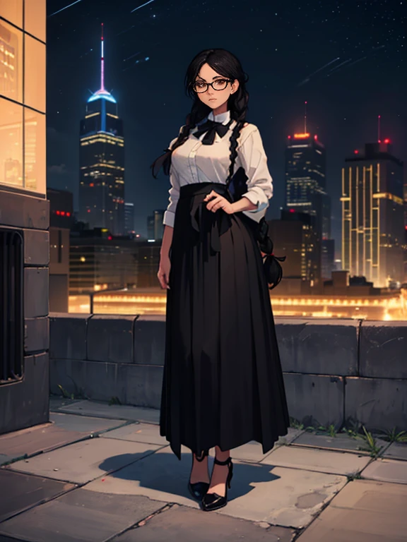 (((full body standing))),black hair, double braid, glasses, extremely shy, simple clothes, long skirt,city at night, on top of a building,holding a golden heart in his hand,(((skirt covering everything))).