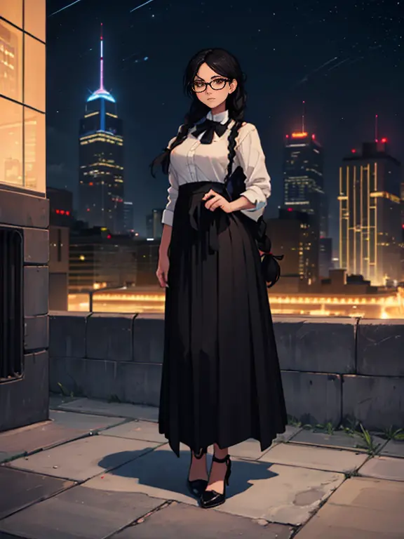(((full body standing))),black hair, double braid, glasses, extremely shy, simple clothes, long skirt,city at night, on top of a...
