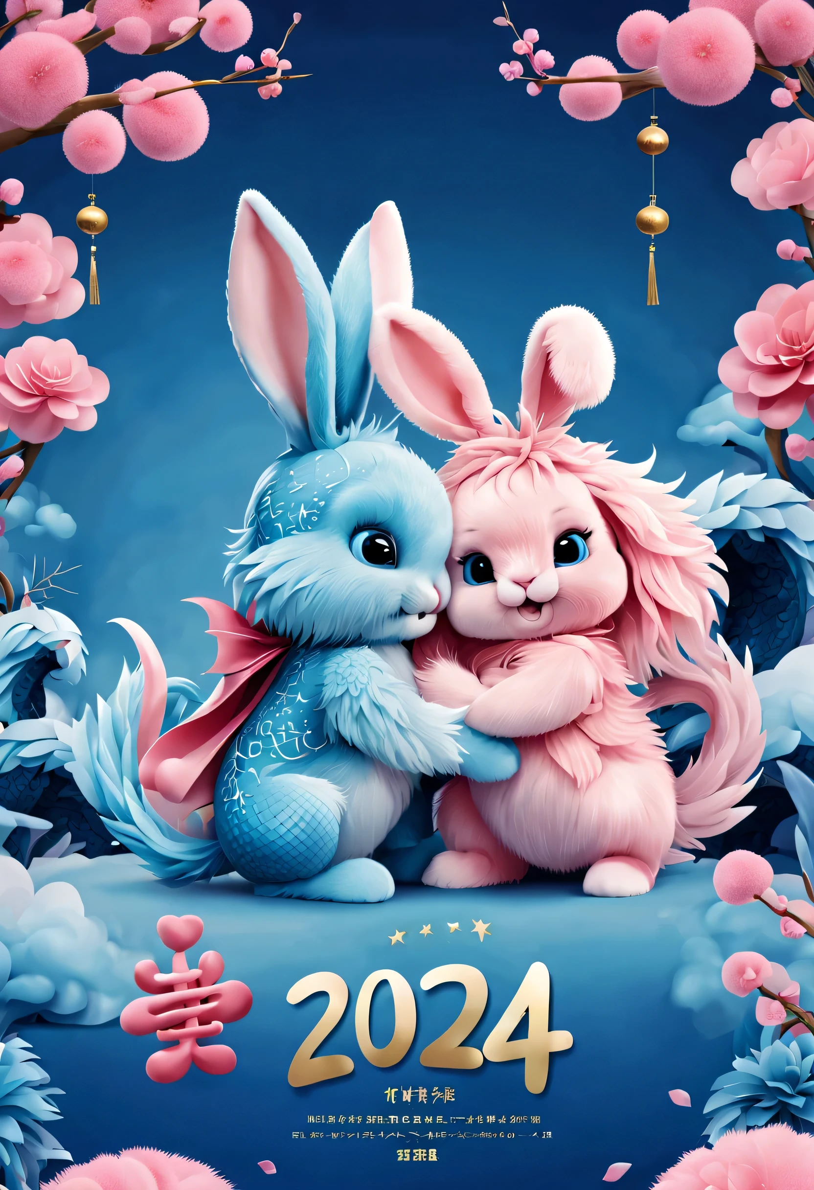 （2024 new year poster design），Pink and blue as main colors， (Cute playful blue zodiac dragon and crying pink parting），Long eyelashes，a happy new year，（2024：1.1）， a happy new year，fresh flowers，