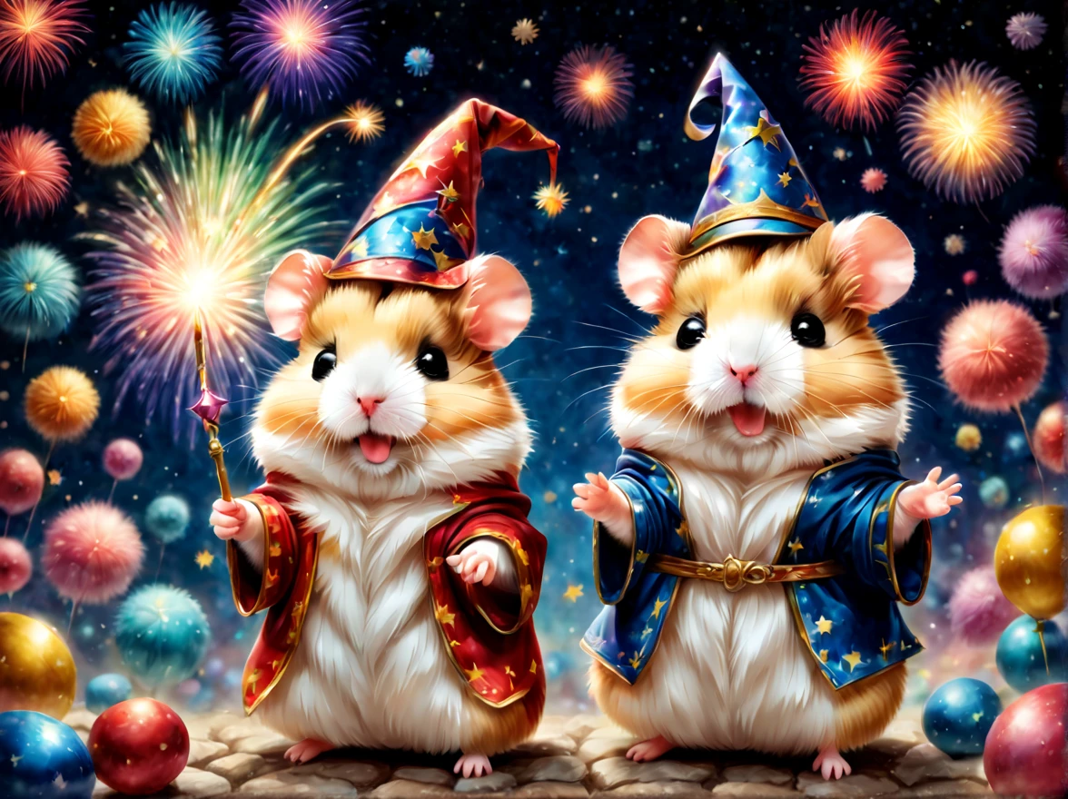 magic hamster party,((Hamster Wizard:great joy:pulling the hands up:Opening Mouth:Dynamic Pose:Wizard Hat)),magic wands,Use of magic,Wizard costume details:colourfull:draw a pattern with gold and silver,celebration,((Lots of fireworks in the night sky:colourfull)),,,Castle balcony,Lots of stars,kirakira,Beautiful light effect,,​masterpiece,top-quality,Fluffy hamsters,Chibi,cute little,A delightful,Happiness,,magical lights,,Fantastical,night sky details,Anatomically correct,All the best,,little hamster,最高にcute littleハムスター，Fantasia,randolph caldecott style,illustratio,watercolor paiting