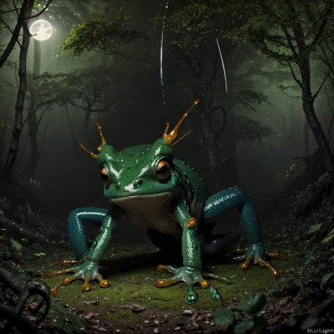 (a creepy,4k,highres)monster,frog-insect hybrid(cross,breed:1.1),scuttling quickly,through the forest,dark and eerie atmosphere,thick canopy,gnarled trees,abundant moss and overgrown vegetation,spooky glow from the moonlight,vibrant green moss covering the...