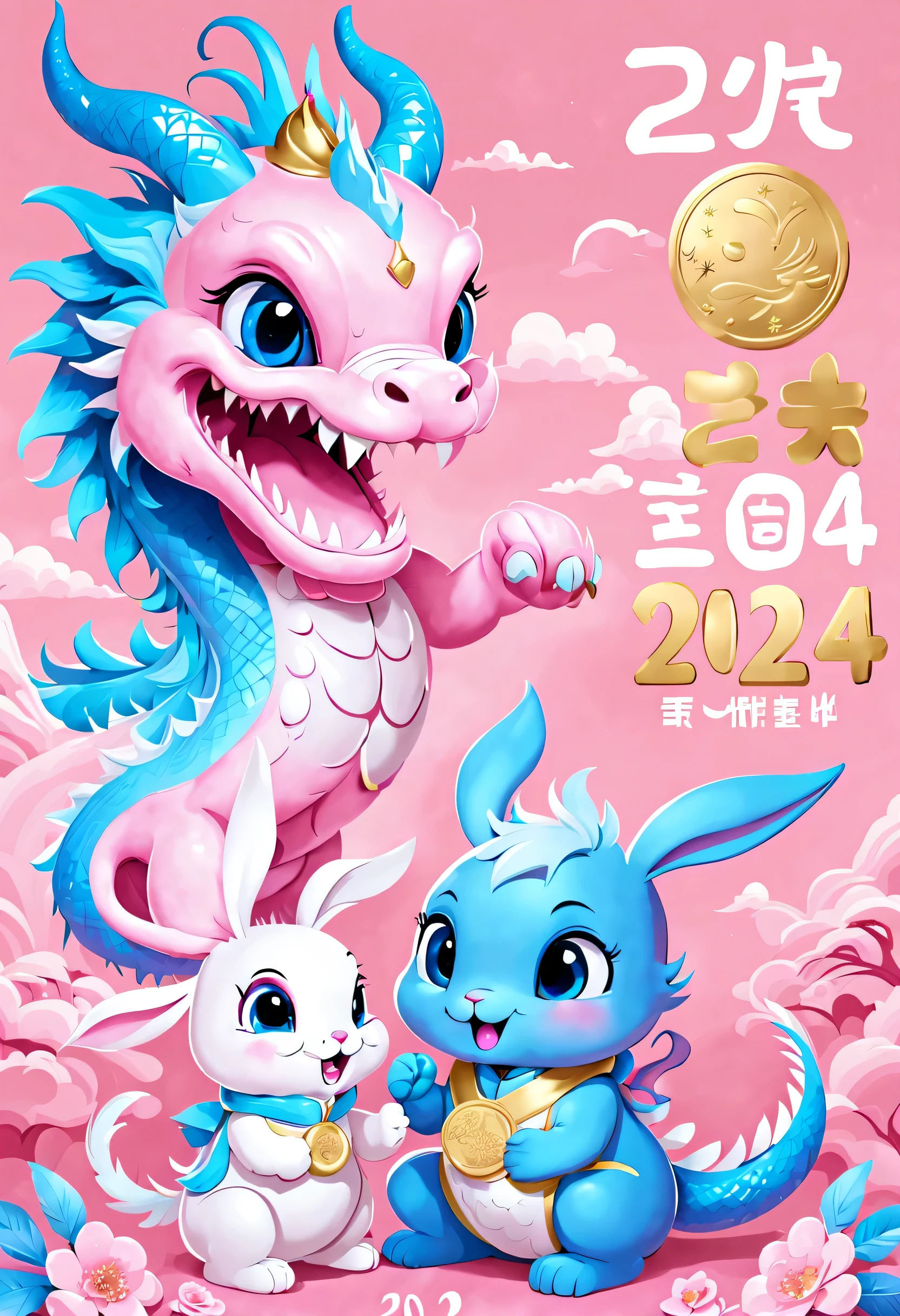 （2024 new year poster design），Pink and blue as main colors， (Cute playful blue zodiac dragon and crying pink parting），Long eyelashes，a happy new year，（2024：1.1）， a happy new year，fresh flowers，