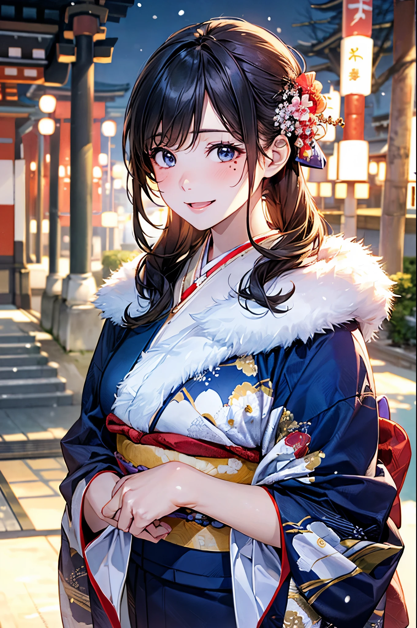 ((perfect anatomy, anatomically correct, super detailed skin)), 
1 girl, japanese, high school girl, shiny skin, large breasts:0.5, looking up, watching the view, 
beautiful hair, beautiful face, beautiful detailed eyes, (middle hair:1.5, japanese hair:1.5), black hair, blue eyes, babyface, mole under eye, 
(((dark blue kimono, luxury floral kimono, fur muffler), hair ornament)), 
((smile:1.5, open your mouth wide)), walking, 
(beautiful scenery), winter, dawn, (new year's day, first visit), hokkaido, sapporo, outside hokkaido shrine, crowd, snow, snowfall:1.5, freezing weather, frost, 
(8k, top-quality, masterpiece​:1.2, extremely detailed), (photorealistic), beautiful art, visual art, depth of fields, natural lighting,