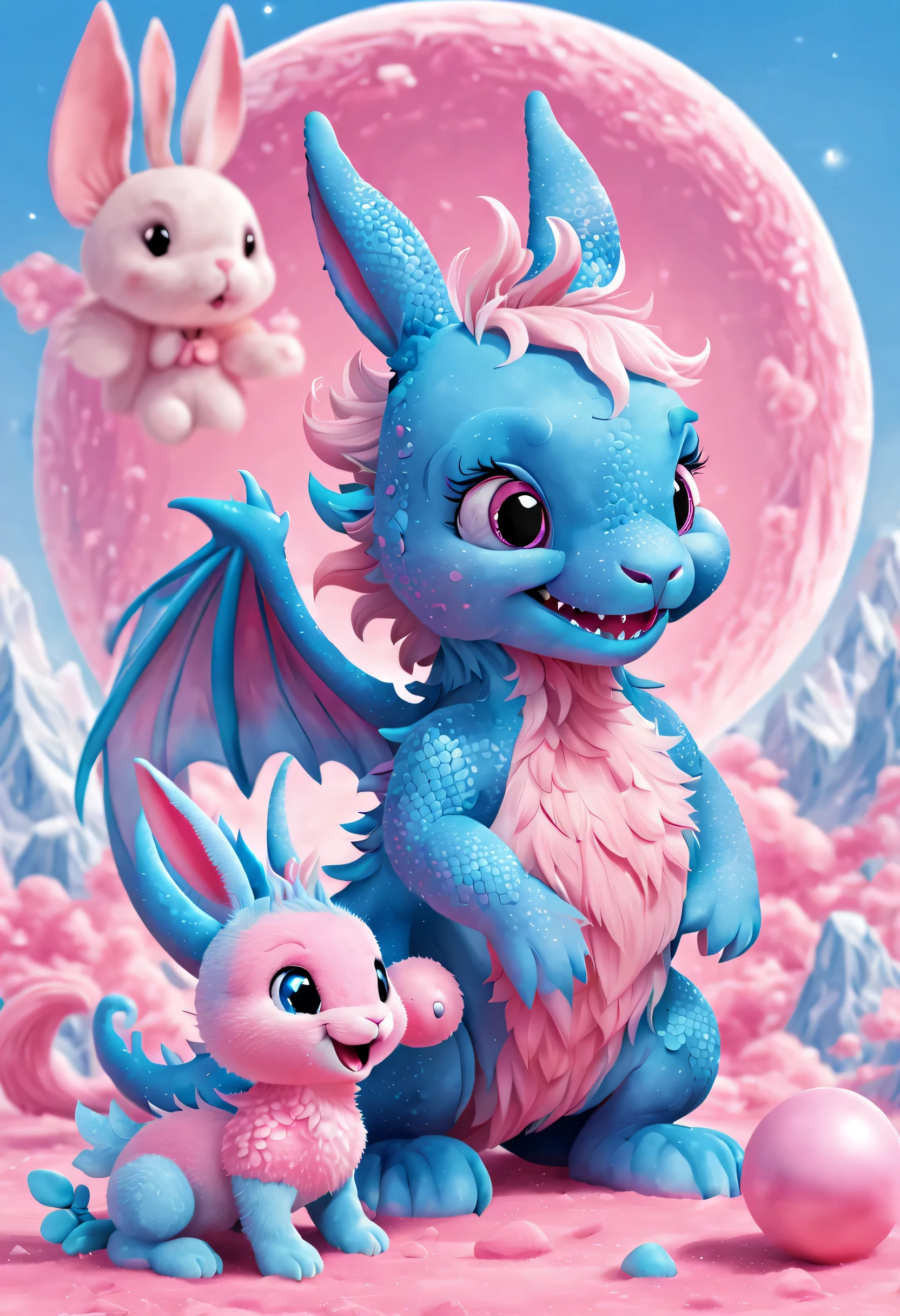 （2024 new year poster design），Pink and blue as main colors， (Cute playful blue zodiac dragon and crying pink parting），Long eyelashes，a happy new year，（2024：1.1）， a happy new year，fresh flowers，