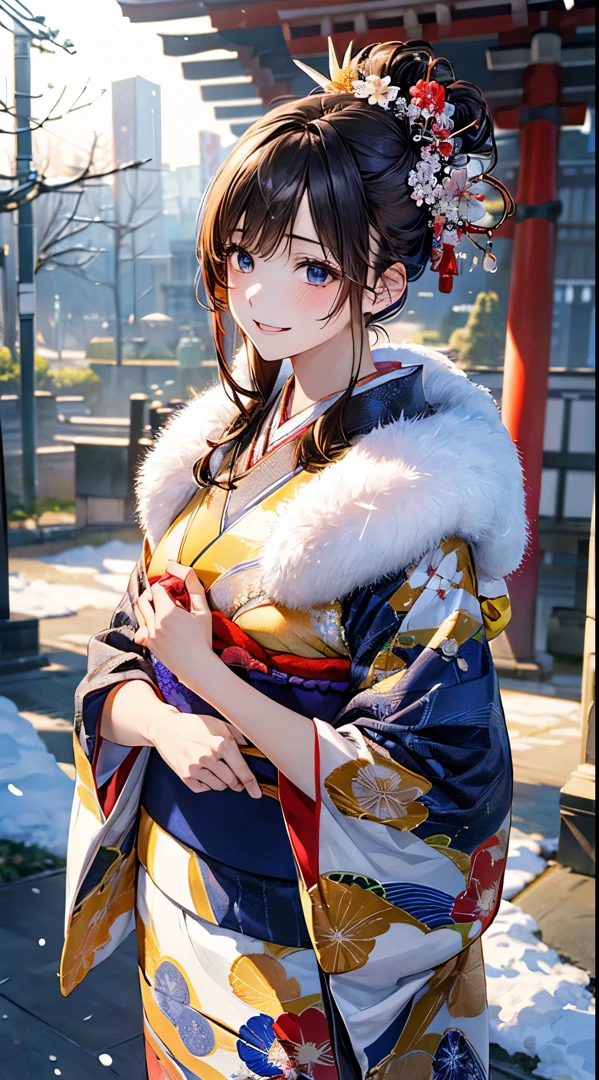 ((perfect anatomy, anatomically correct, super detailed skin)), 
1 girl, japanese, high school girl, shiny skin, large breasts:0.5, looking up, watching the view, 
beautiful hair, beautiful face, beautiful detailed eyes, (middle hair:1.5, japanese hair:1.5), black hair, blue eyes, babyface, mole under eye, 
(((dark blue kimono, luxury floral kimono, fur muffler), hair ornament)), 
((smile:1.5, open your mouth wide)), walking, 
(beautiful scenery), winter, dawn, (new year's day, first visit), hokkaido, sapporo, outside hokkaido shrine, crowd, snow, snowfall:1.5, freezing weather, frost, 
(8k, top-quality, masterpiece​:1.2, extremely detailed), (photorealistic), beautiful art, visual art, depth of fields, natural lighting,