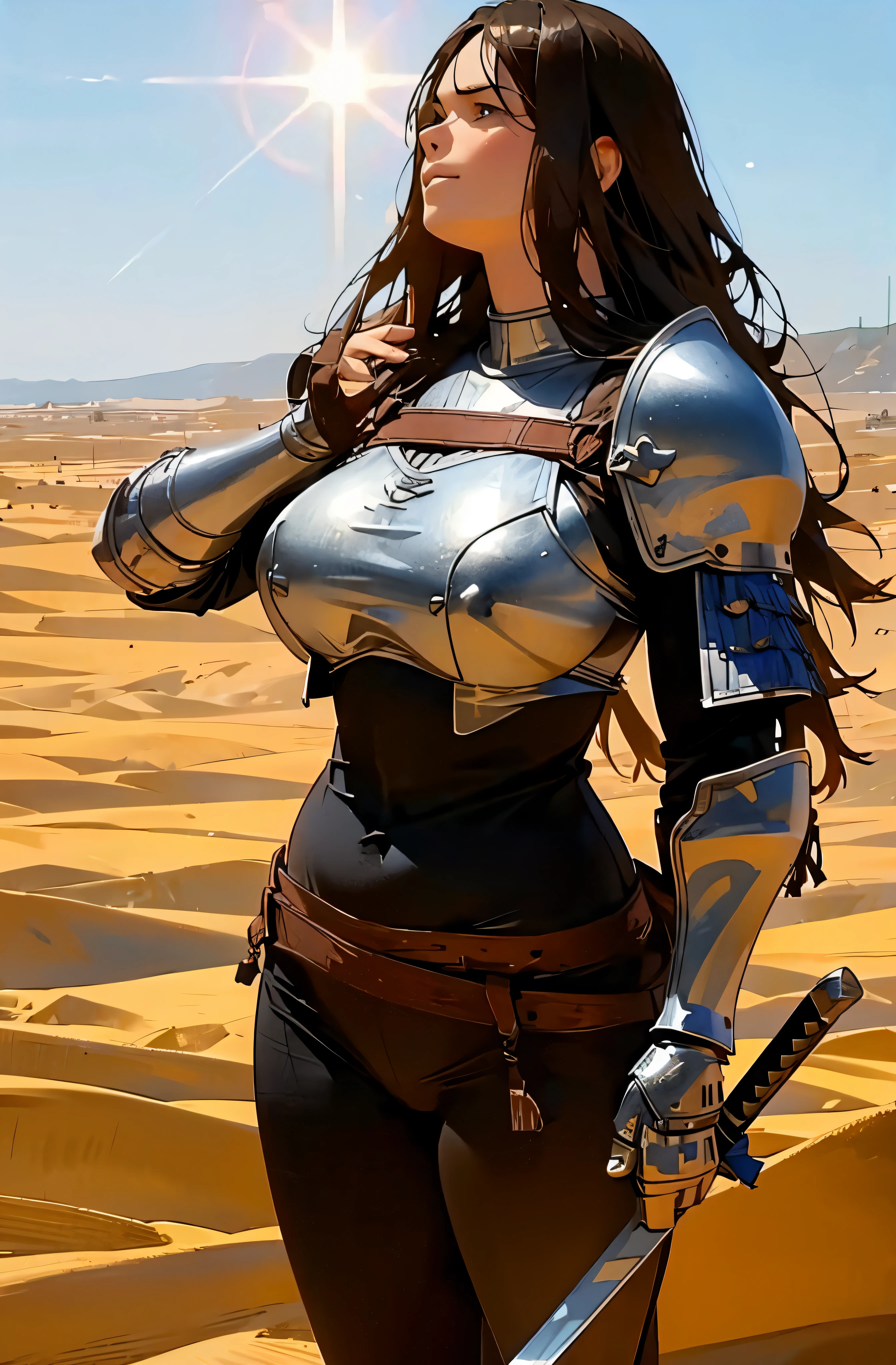 (high definition, 4k), medieval knight (in the style of Conan the Barbarian), sword, realistic, large breasts, facing away, hair flowing by the wind, desert background, overexposure, sun lighting, dusty environment, watercolor, blurry background:1.3,