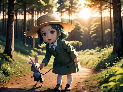 (high quality)(many details)Little girl(green dress with white stripes)(straw hat) playing with a cute rabbit(wearing a suit) ca...