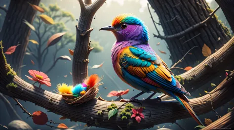 colorful bird nest, rainbow, realistic, high quality, sharp focus, high details,