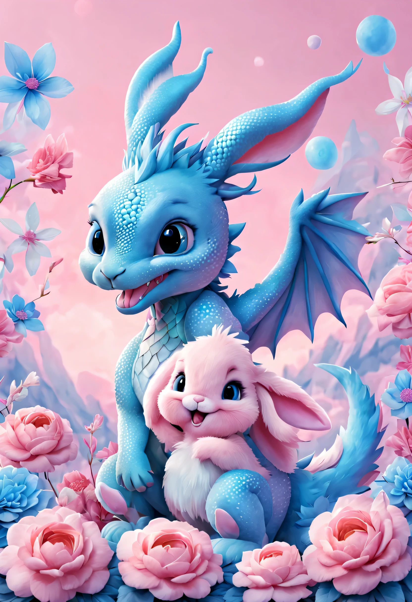 （2024 new year poster design），Pink and blue as main colors， (Cute playful blue zodiac dragon and crying pink parting），Long eyelashes，a happy new year，（2024：1.1）， a happy new year，fresh flowers，