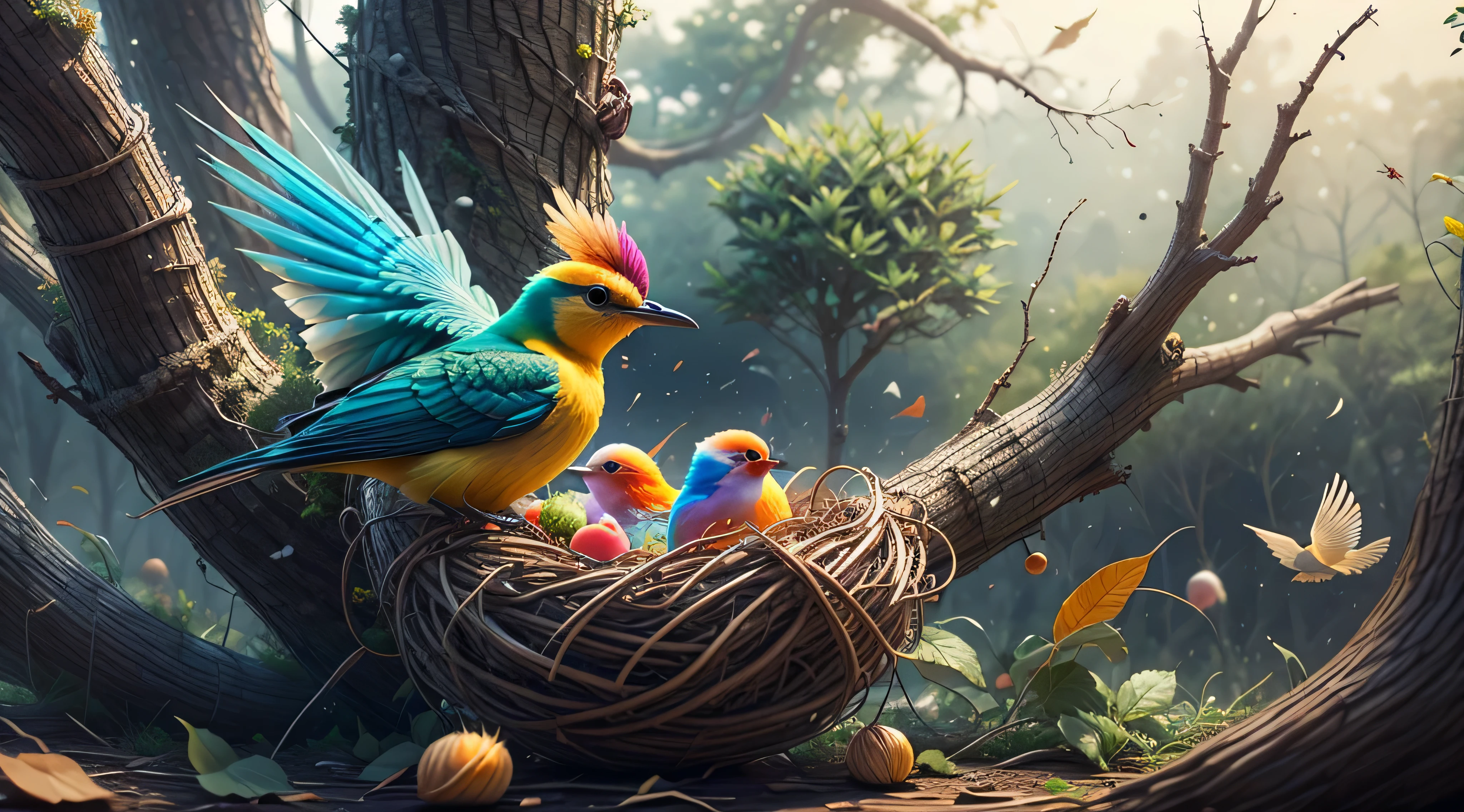 色彩斑斓的鸟巢, 彩虹, 实际的, 高质量, 清晰聚焦, 高细节,