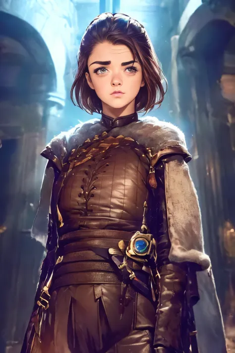 Breathtaking cinematic photo of a 18 year old girl with brown hair and olhos castanhos, Arya Stark, Rosto de Maisie Williams, ro...