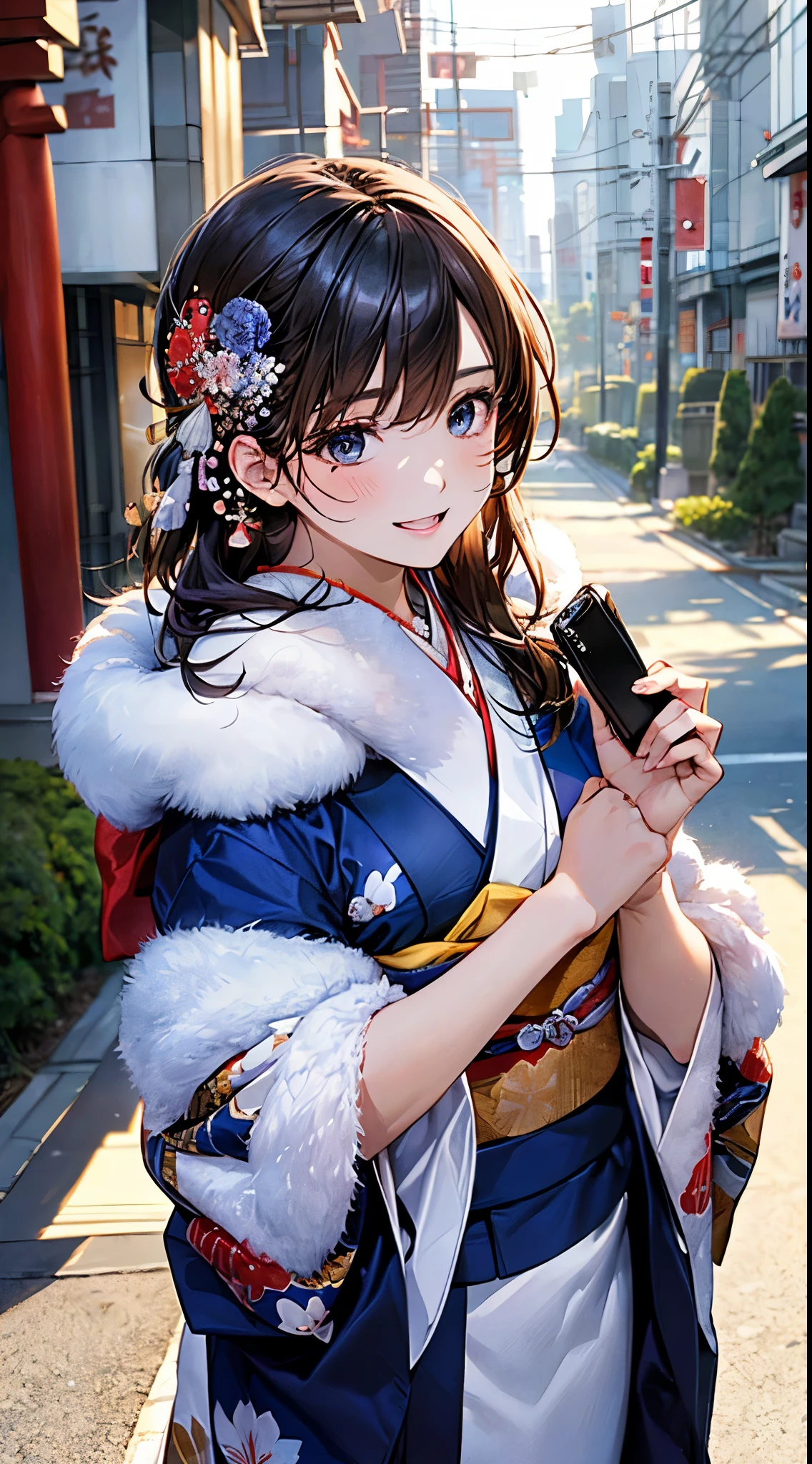 ((perfect anatomy, anatomically correct, super detailed skin)), 
1 girl, japanese, high school girl, shiny skin, large breasts:0.5, looking up, watching the view, 
beautiful hair, beautiful face, beautiful detailed eyes, (middle hair:1.5, japanese hair:1.5), black hair, blue eyes, babyface, mole under eye, 
(((dark blue kimono, luxury floral kimono, fur muffler), hair ornament)), 
((smile:1.5, open your mouth wide)), walking, holding a phone, holding a drawstring, 
(beautiful scenery), winter, dawn, (new year's day, first visit), hokkaido, sapporo, outside hokkaido shrine, crowd, snow, snowfall:1.5, freezing weather, frost, 
(8k, top-quality, masterpiece​:1.2, extremely detailed), (photorealistic), beautiful art, visual art, depth of fields, natural lighting,