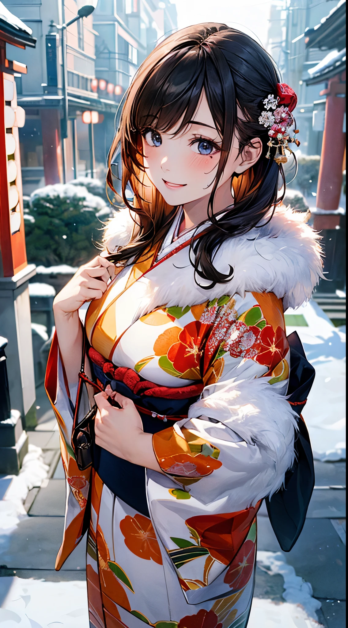 ((perfect anatomy, anatomically correct, super detailed skin)), 
1 girl, japanese, high school girl, shiny skin, large breasts:0.5, looking up, watching the view, 
beautiful hair, beautiful face, beautiful detailed eyes, (middle hair:1.5, japanese hair:1.5), black hair, blue eyes, babyface, mole under eye, 
(((luxury floral kimono, fur muffler), hair ornament)), 
((smile:1.5, open your mouth wide)), walking, holding a phone, Holding a handbag, 
(beautiful scenery), winter, dawn, (new year's day, first visit), hokkaido, sapporo, outside hokkaido shrine, crowd, snow, snowfall:1.5, freezing weather, frost, 
(8k, top-quality, masterpiece​:1.2, extremely detailed), (photorealistic), beautiful art, visual art, depth of fields, natural lighting,