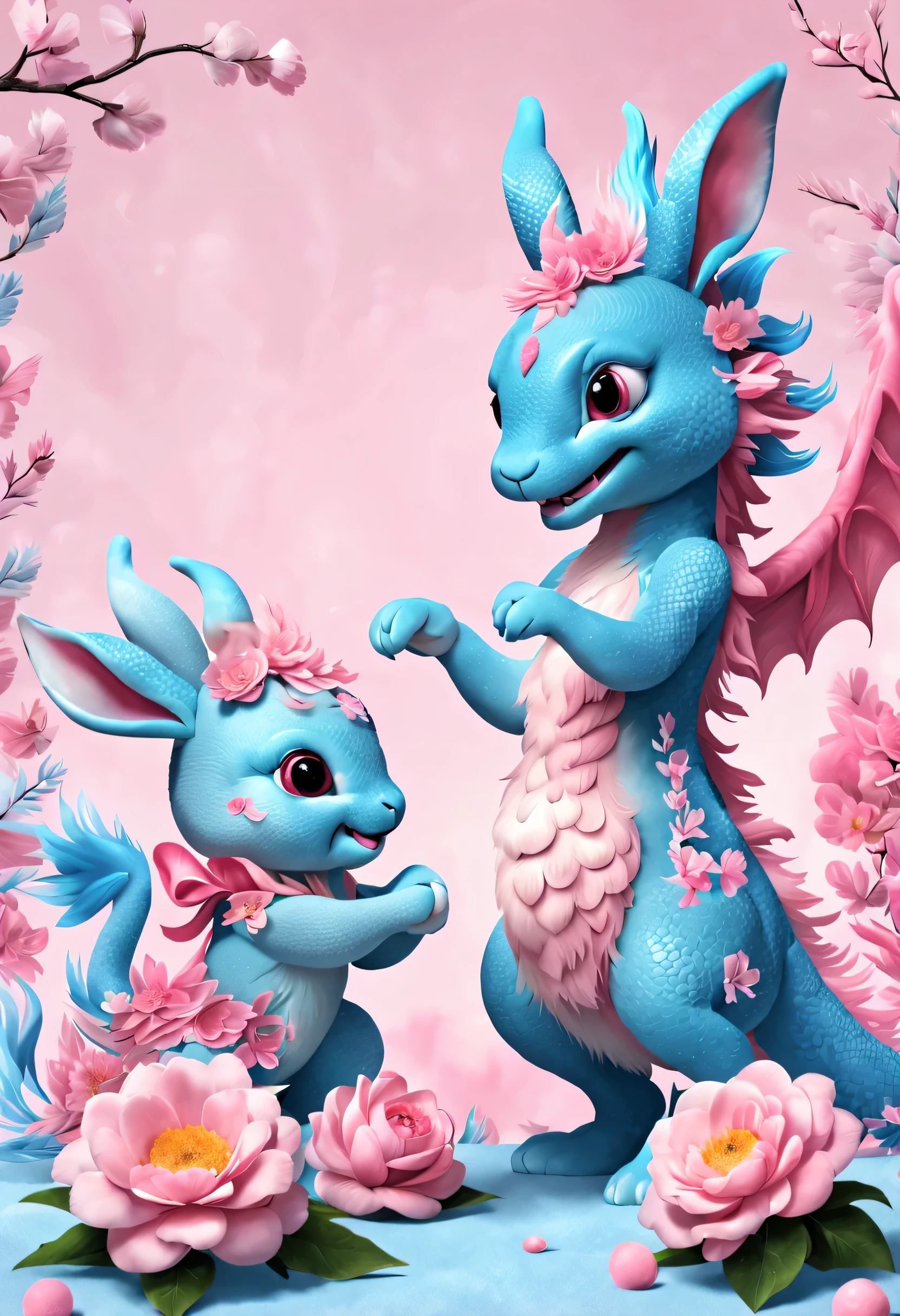（2024 new year poster design），Pink and blue as main colors， (Cute playful blue zodiac dragon and crying pink parting），Long eyelashes，a happy new year，（2024：1.1）， a happy new year，fresh flowers，