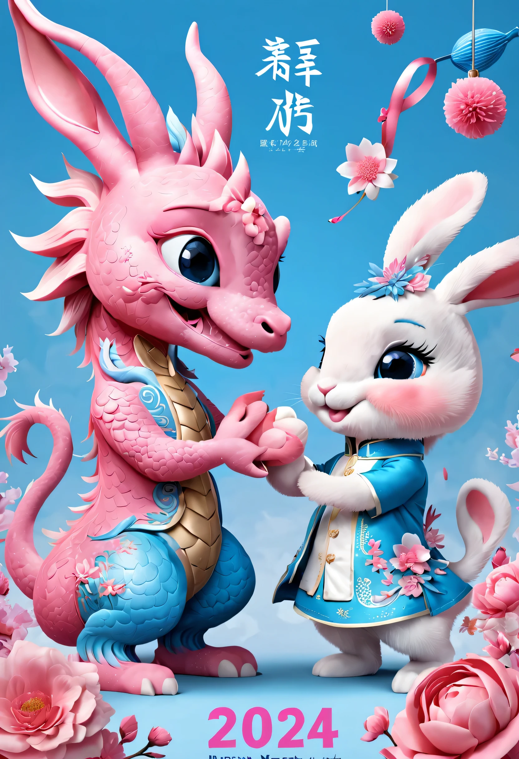 （2024 new year poster design），Pink and blue as main colors， (Cute playful blue zodiac dragon and crying pink parting），Long eyelashes，a happy new year，（2024：1.1）， a happy new year，fresh flowers，