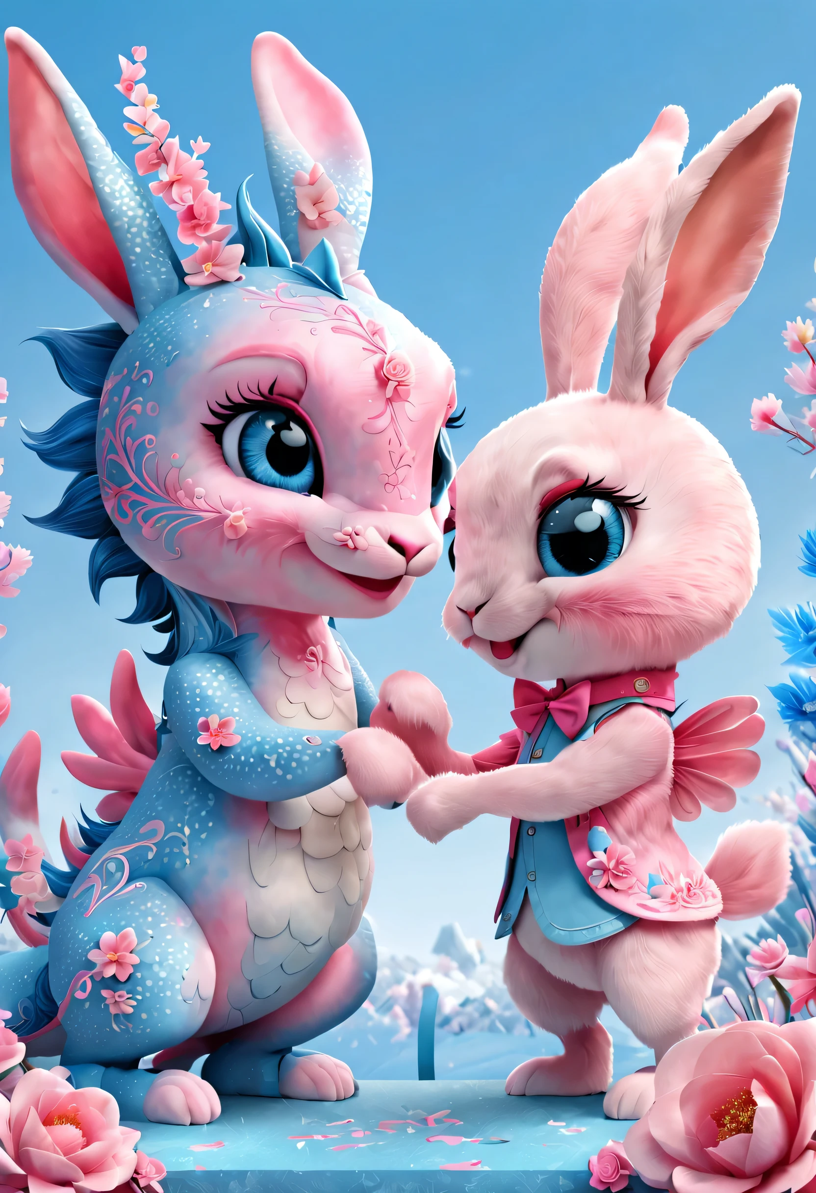 （2024 new year poster design），Pink and blue as main colors， (Cute playful blue zodiac dragon and crying pink parting），Long eyelashes，a happy new year，（2024：1.1）， a happy new year，fresh flowers，