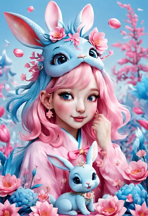 （2024 new year poster design），Pink and blue as main colors， (Cute and playful blue zodiac dragon and pink rabbit bowing）,Wearing...