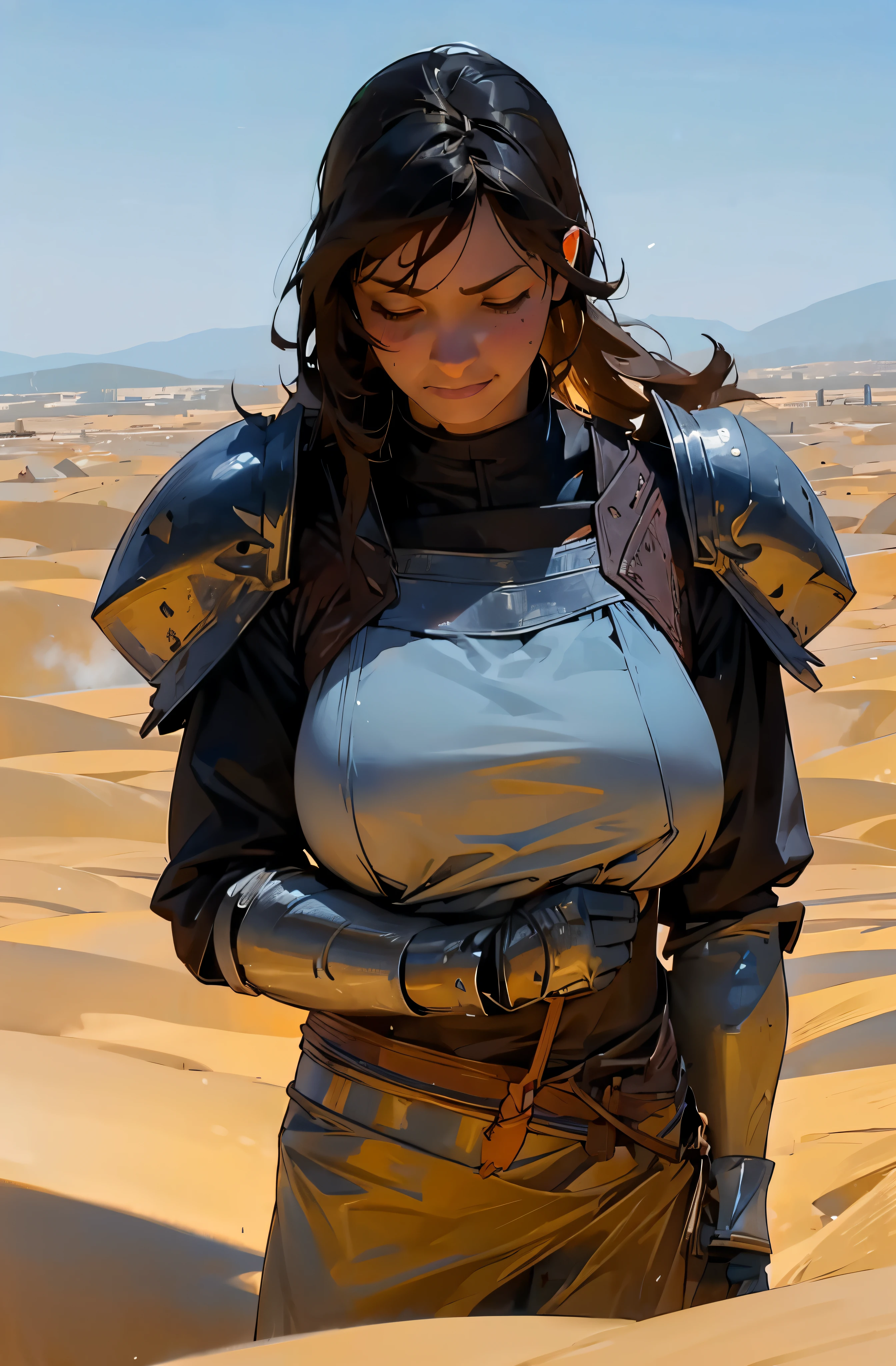 (high definition, 4k),1girl, medieval knight (in stile of Conan the Barbarian),sword,realistic,large breasts,facing away,wind-blown hair, BREAK desert background,overexposure, sun lighting,(sandstorm brewing),(distant mountains)