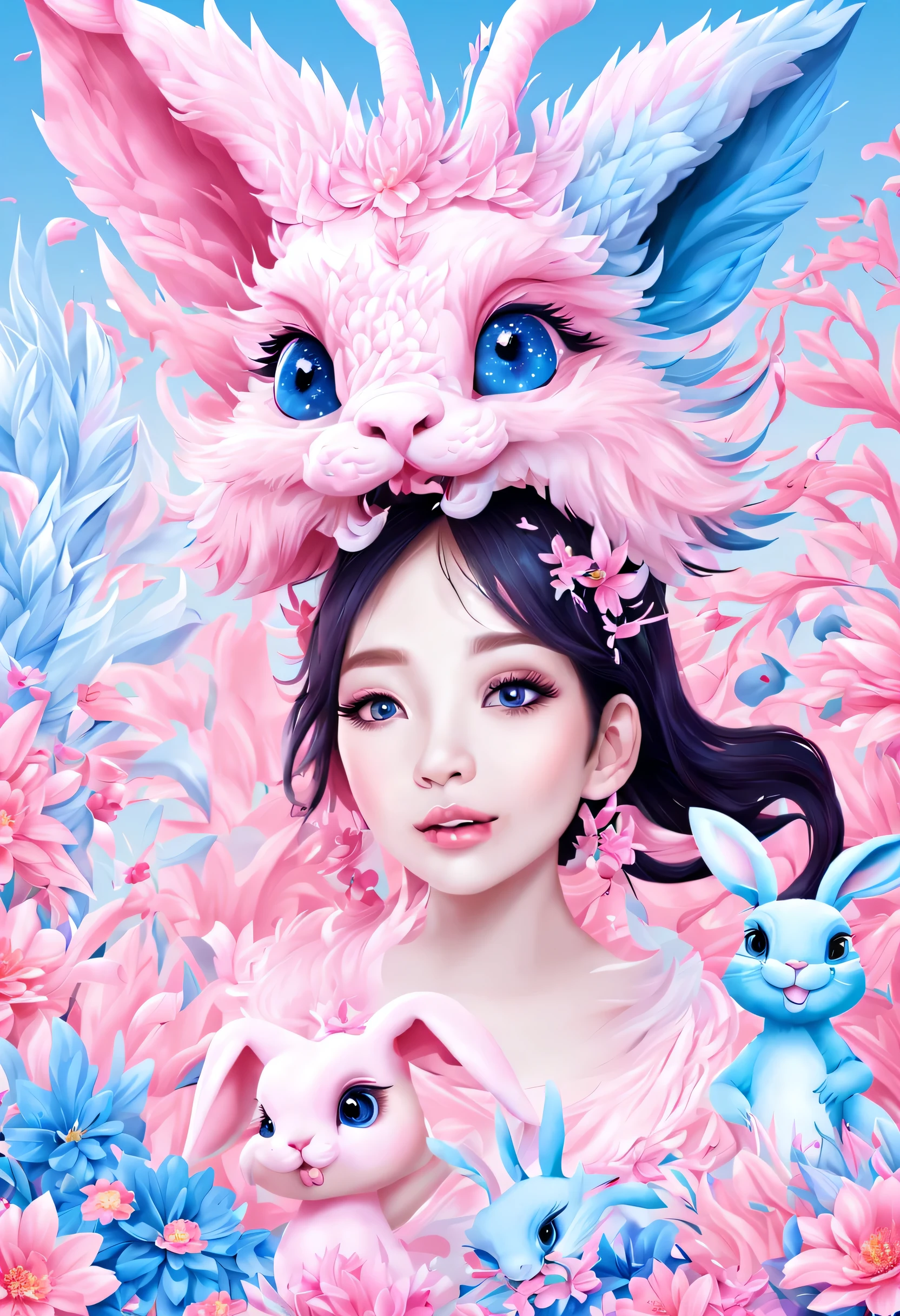 （2024 new year poster design），Pink and blue as main colors， (Cute and playful blue zodiac dragon and pink rabbit cheering）,Wearing beautiful makeup，Long eyelashes，a happy new year，（2024）， a happy new year，fresh flowers，