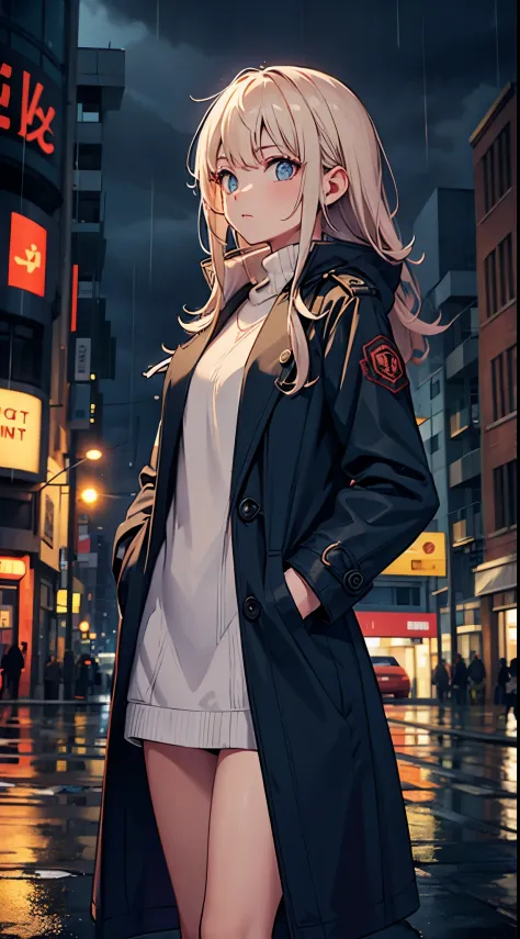 1 girl, night city, rain, coat, hands in pockets