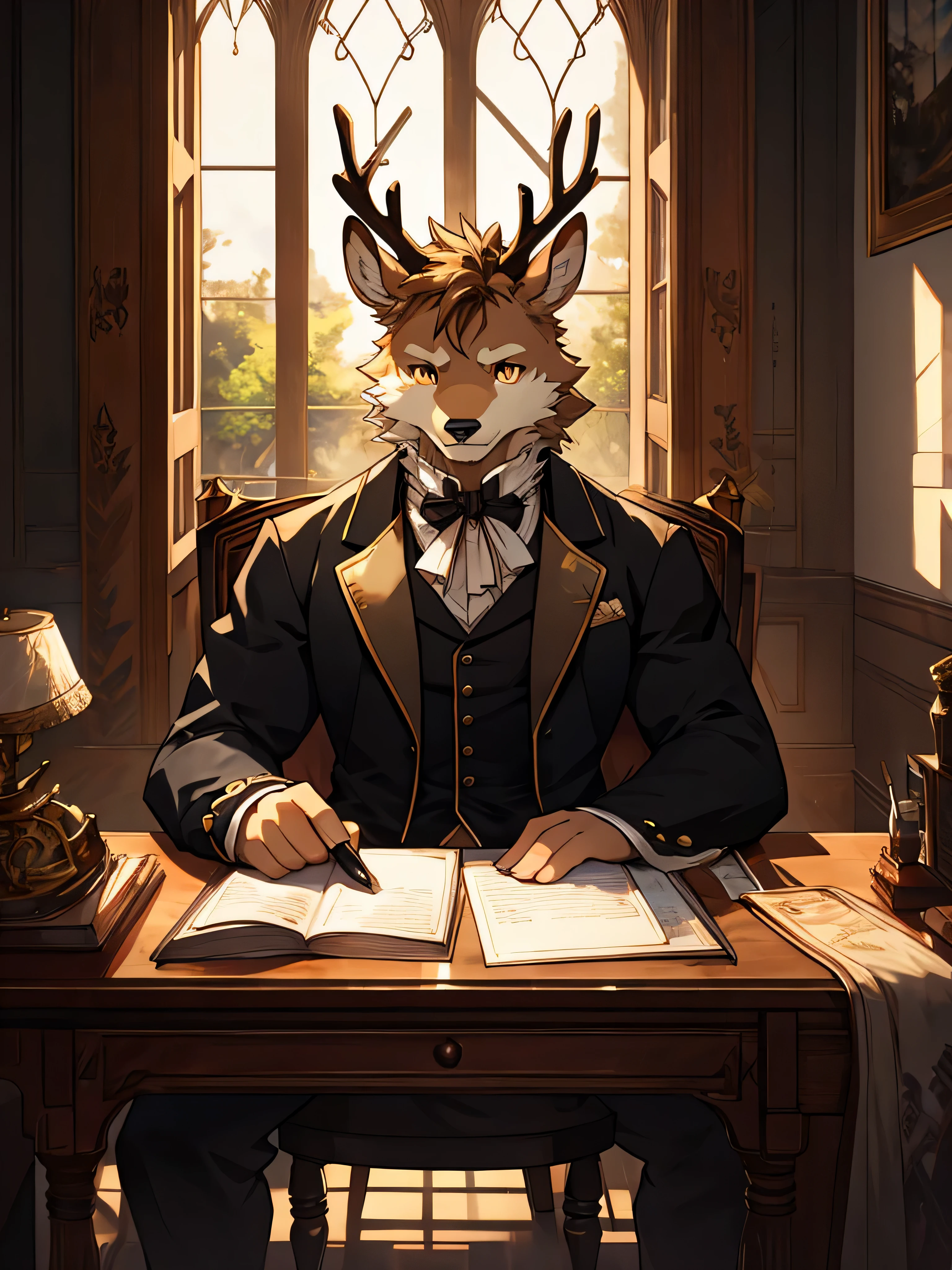 (ByZEphyrus)furry,bara,Shota,white fur deer,golden eyes,pitch black iris,muscular,not very high,Wear Victorian era clothing,The chair in front has a writing desk..,There is a window next to the table..,Look out the window.,My eyes are empty..,(maximum detail,Backlit image,dynamic,HDR,10)