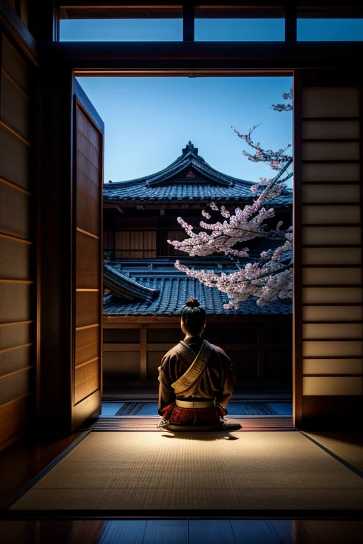 _The scene opens with the samurai seated on a tatami mat, his back straight and posture disciplined. The balcony is adorned with wooden panels and sliding doors, allowing a gentle breeze to enter. Cherry blossom petals float in the air, adding a touch of ephemeral beauty._