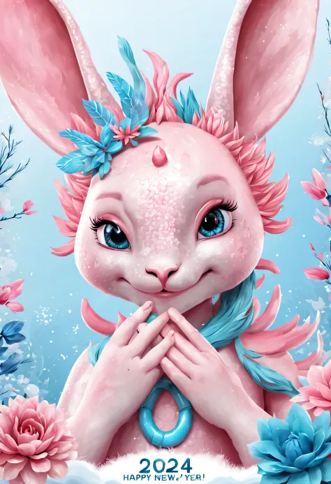 （2024 new year poster design），Pink and blue as main colors， (Cute and playful blue zodiac dragon shaking hands with pink rabbit）,Wearing beautiful makeup，Long eyelashes，a happy new year，（2024）， a happy new year，fresh flowers，
