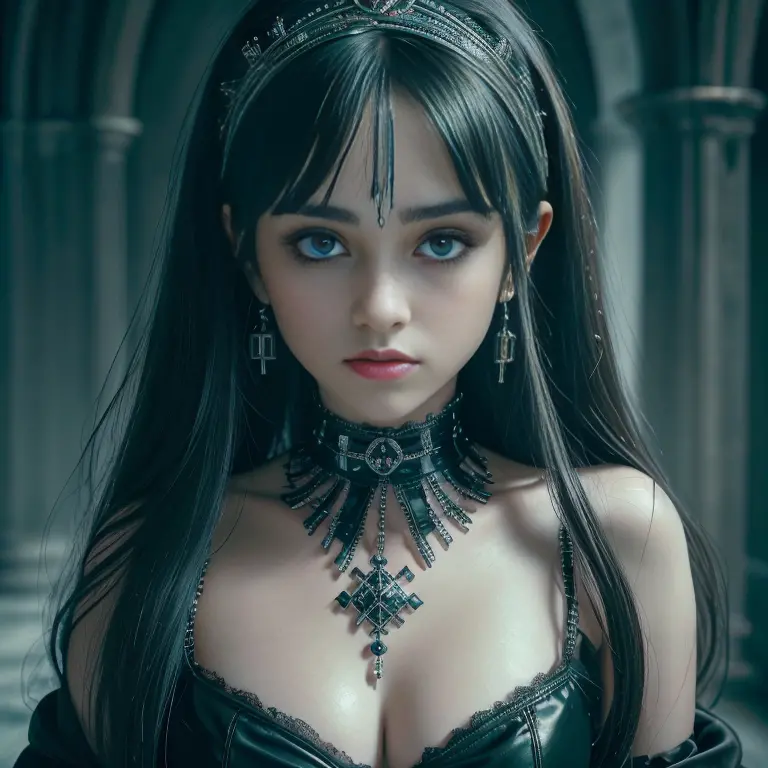 ((Toma de partes intimas)), 8 year old girl completely naked, alone girl with gothic jewelry in the castle, Highly Detailed Face...