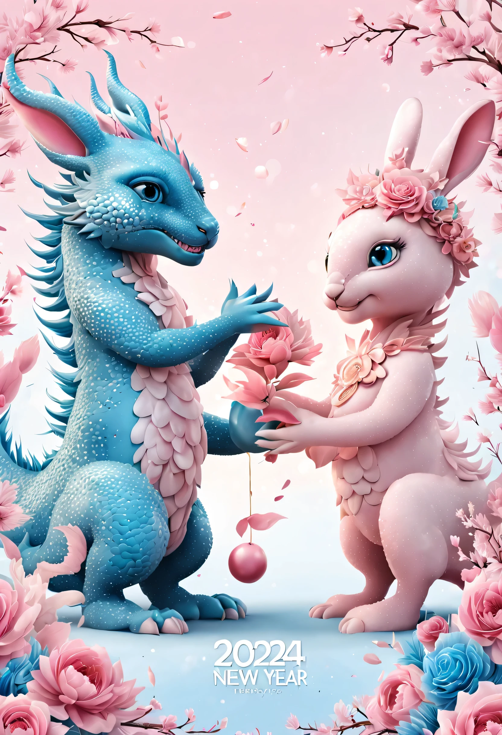 （2024 new year poster design），Pink and blue as main colors， (Cute playful blue zodiac dragon and crying pink parting），Long eyelashes，a happy new year，（2024：1.1）， a happy new year，fresh flowers，