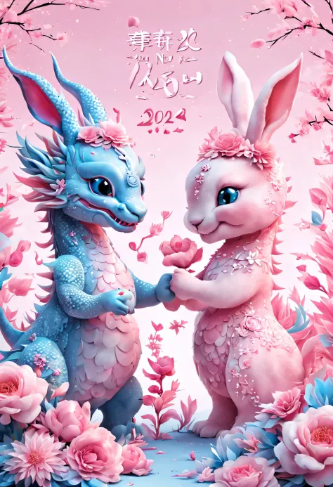 （2024 new year poster design），Pink and blue as main colors， (Cute and playful blue zodiac dragon shaking hands with pink rabbit）,Wearing beautiful makeup，Long eyelashes，a happy new year，（2024）， a happy new year，fresh flowers，