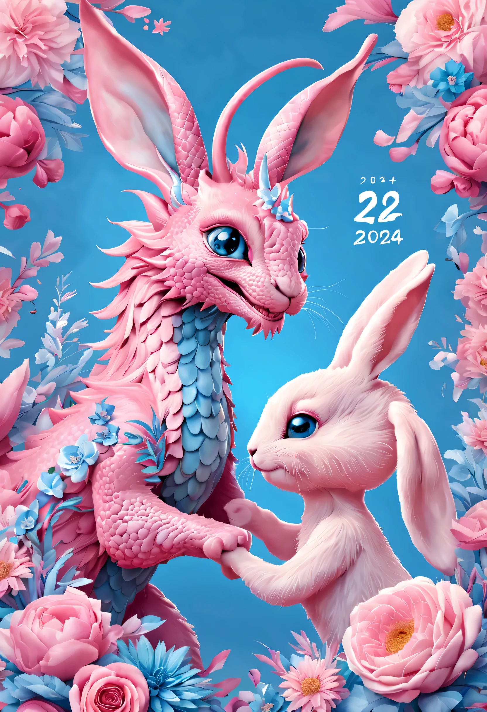 （2024 new year poster design），Pink and blue as main colors， (Cute playful blue zodiac dragon and crying pink parting），Long eyelashes，a happy new year，（2024：1.1）， a happy new year，fresh flowers，