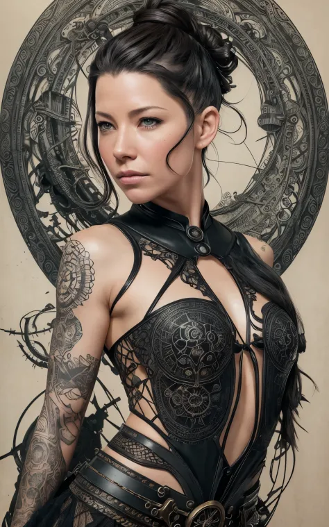 (Evangeline Lilly) is a beautiful charming woman carved out of dark smoke, dressed as a Steampunk girl in black, circular colore...