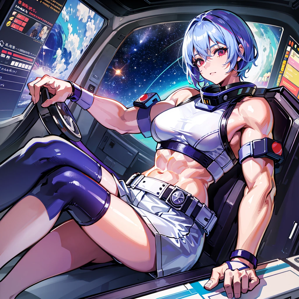 （（（​masterpiece、Top image quality、top-quality、highly detailed unity 8ｋwall-paper）））、（（Illustration of one girl））、（pilot）、（（（blue silver short hair）））、Red eyes、（（Tall））、（（（Muscle Girl、Muscular and strong body、abdominals、muscular and thick arms、muscular and thick legs、stocky build、muscular legs、broad shoulders））））、（（（白いpilotスーツ）））、（（manspreading、Sitting in the cockpit））、（（space fighter cockpit、The Universe on the Monitor、Earth seen from space））