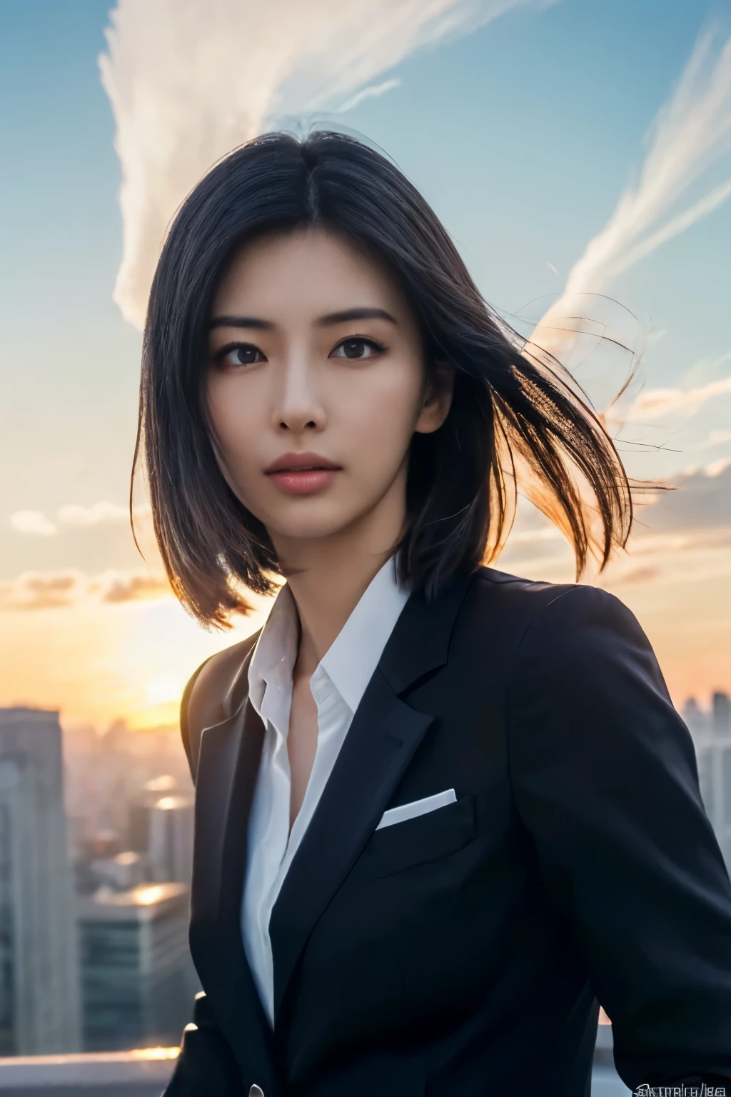 ((masutepiece:1.4, Best Quality)), (photos realistic:1.4), 
((1girl in)), Lustrous black hair, Hair that flutters in the wind,
(超A high resolution:1.2), Extremely delicate and beautiful, amazing, 
the Extremely Detailed CG Unity 8K Wallpapers, Ultra-detailed, High resolution, Soft light, 
Beautiful detailed girl, extremely detailed eye and face, beautiful detailed nose, Beautiful detailed eyes, 
(Dark blue business suit, skirt by the:1.4),
Cinematic lighting, Perfect Anatomy, Slender body, slender long legs, Taut,
(Glass-walled skyscrapers:1.3), (sunny winter blue sky:1.4), (Vivid sunset clouds:1.3), (Beautiful form with an inorganic atmosphere),
cool expression, Cowboy Shot