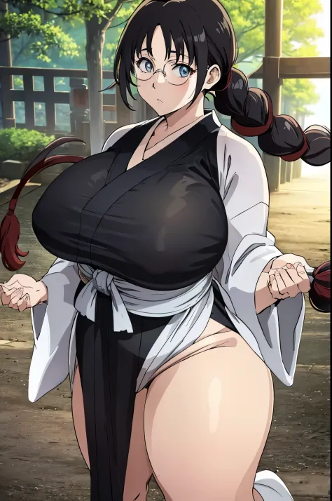 NSFW, Top-quality, Super high resolution, Anime style, masterpiece, best qualit, high resolution, 1girl, solo, glasses, single braid, japanese clothes, black kimono, (the large anime woman is opens her kimono with both hands with naked and walking with her...