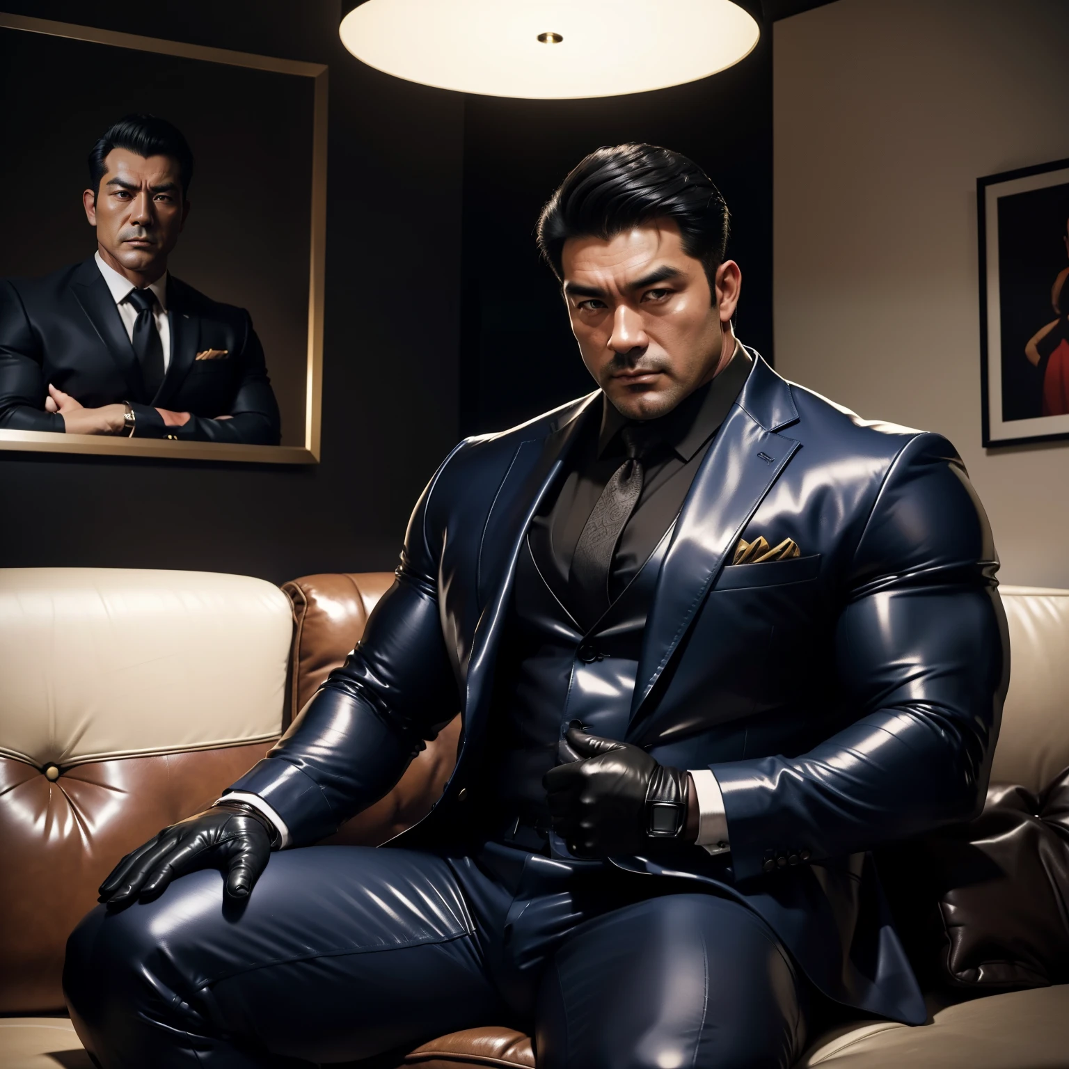 30 years old,daddy,"shiny suit ",Dad sat on sofa,k hd,in the office,"big muscle", gay ,black hair,asia face,masculine,strong man,the boss is,handsome,,leather gloves,lecherous dad,look straight ahead,dad is handsome,dad is handsome ,dad is "horny dad"
