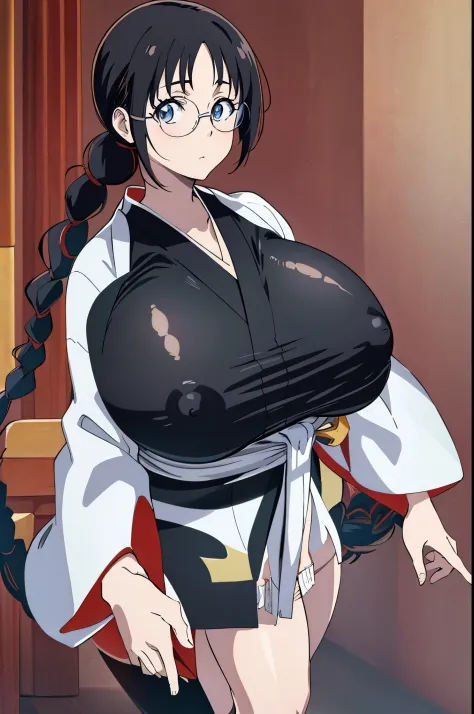 NSFW, Top-quality, Super high resolution, Anime style, masterpiece, best qualit, high resolution, 1girl, solo, glasses, single braid, japanese clothes, black kimono, (the large anime woman is opens her kimono with naked with her large breasts exposed, Big ...
