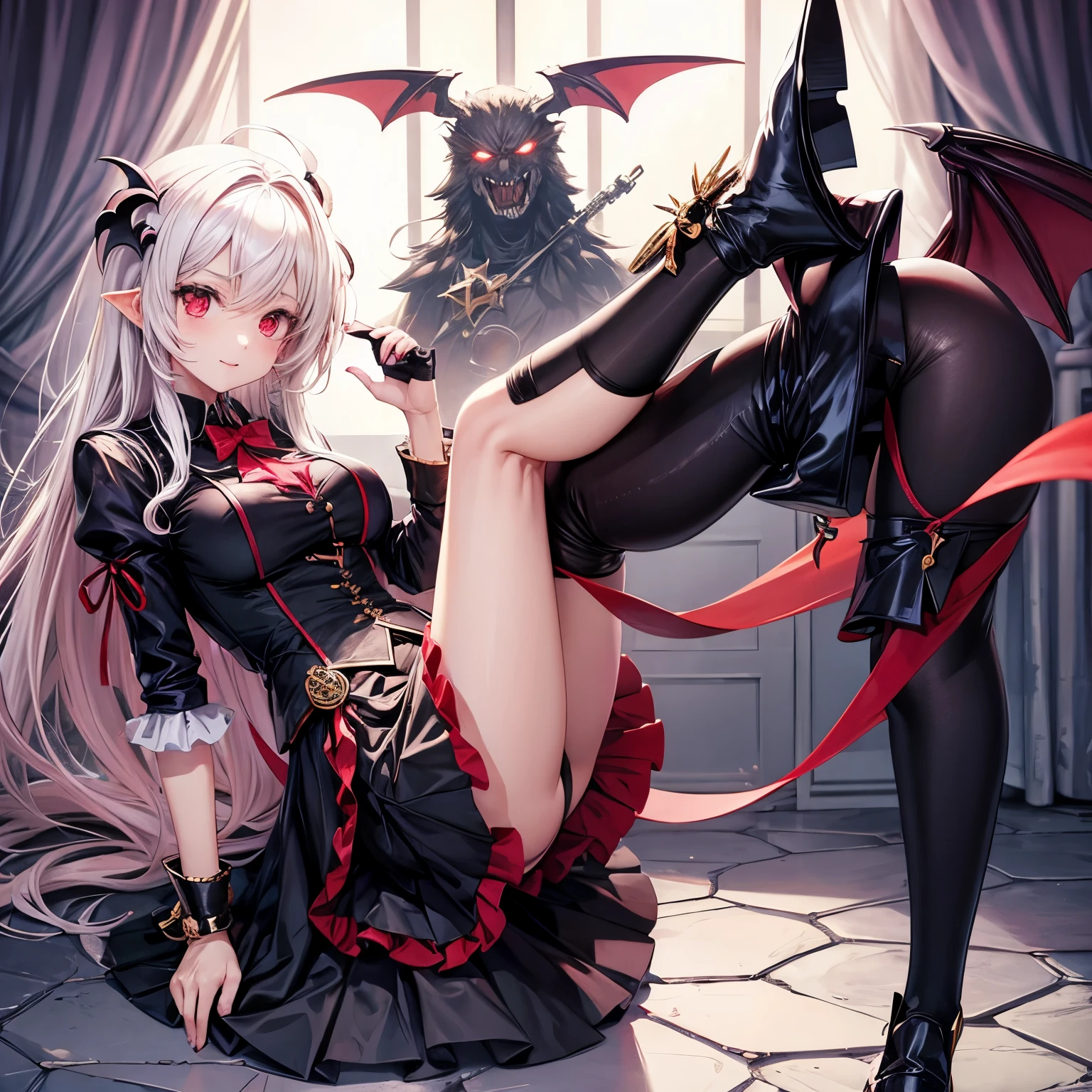 Anime girl in black and red outfit posing with a demon - SeaArt AI