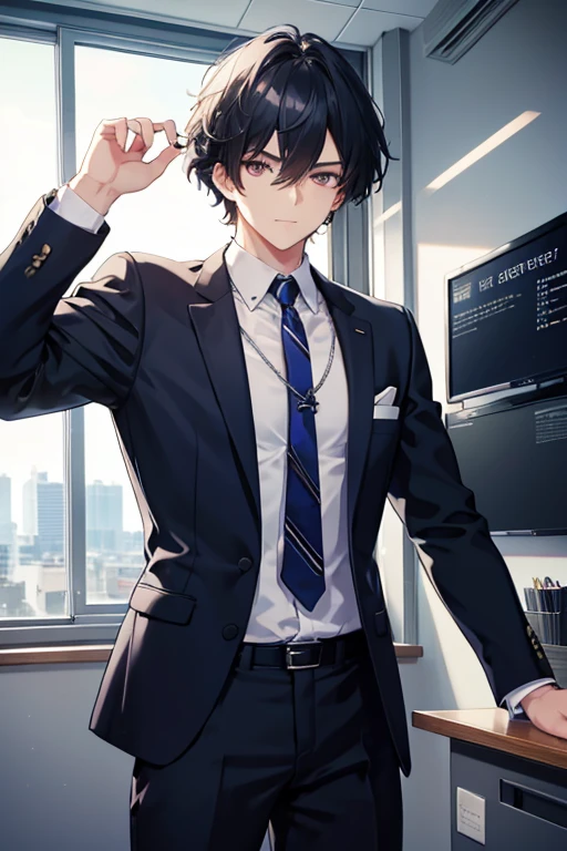 A  navy  haired handsome man with silver  eyes is posing in a business suit in an office