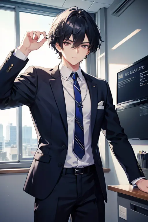 a  navy  haired handsome man with silver  eyes is posing in a business suit in an office