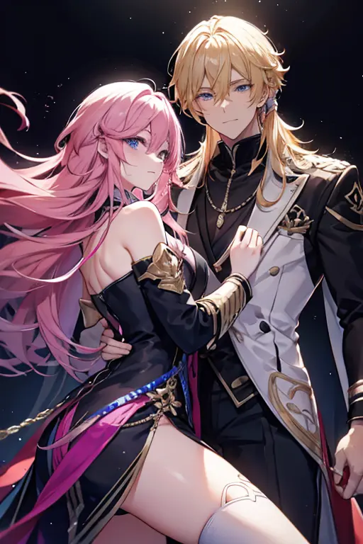 a pink haired handsome man with violet eyes is posing with a muscular blonde haired man with blue eyes with long hair and a dark...