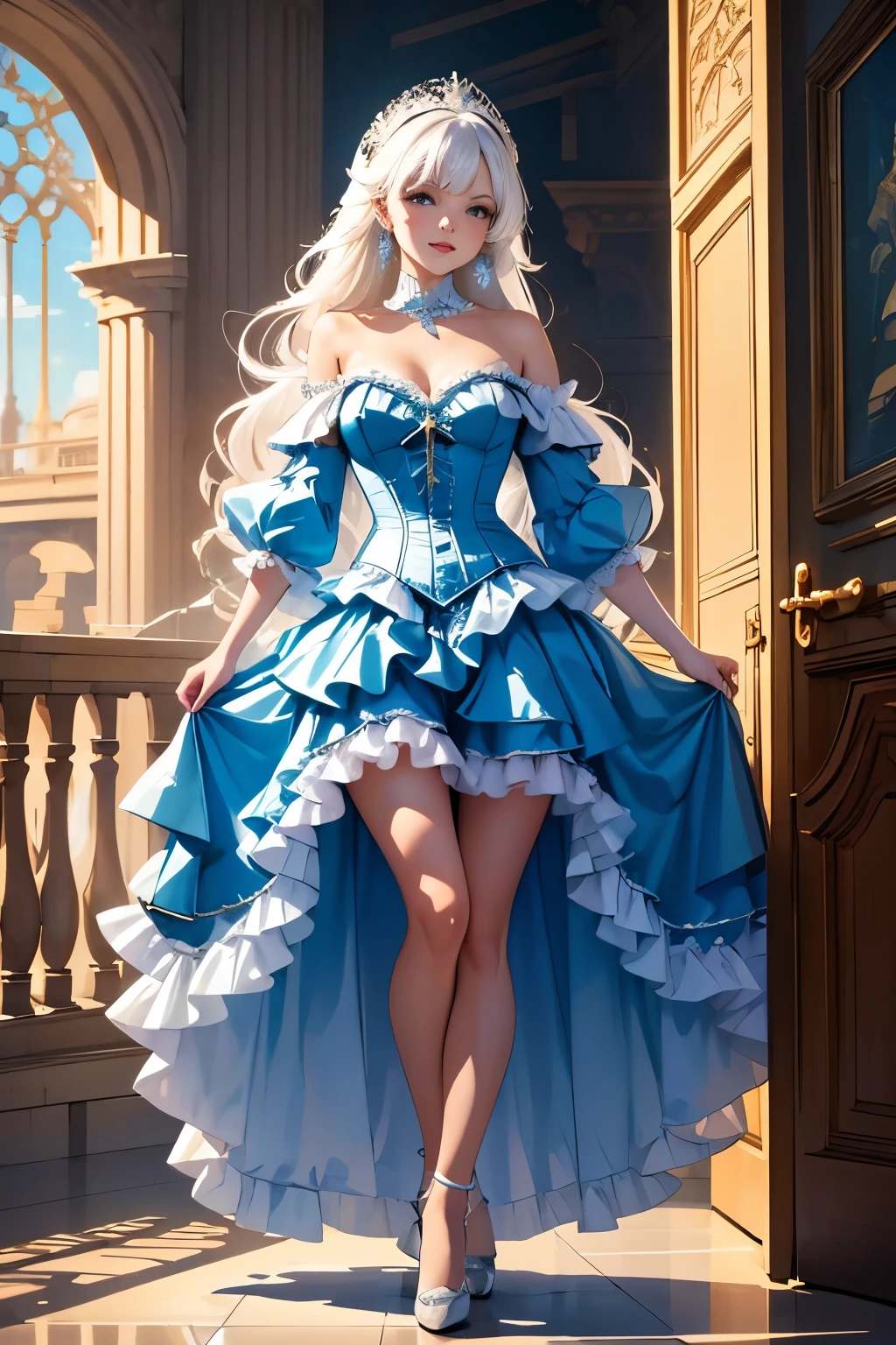 Highly detailed RAW color photo, full body, 16 years old, blue dress, off shoulder dress, lolita dress, pixar style, in the style of bright 3D objects, She has a cartoon smile, pale skin and rosy cheeks, a social contest winning photograph, dress, hands at her sides, splayed fingers, blue eyes, white stars in eyes, -long white hair, wavy white hair, waist length white hair, asymetrical white curtain bangs, corridors of a castle vibes, iridescence/opalescence, glitter, highly detailed photorealistic, 16k --expressive style - -niji 5 (MATRIX ) incredible, walking pose, dress realistic shadows, (highly detailed background plan: 1.2), artistic photo  standing near a majestic ancient oak tree. She wears a elegant light blue off-shoulder lolita dress, adorned with subtle lace accents, and bare legs. She is flat chested. A pair of long star-shaped earings hang from her ears, while she holds a long white sword, whith a star shape handguard. Surrounded by the serenity of nature and the enigmas of history, this image of her portrays her unique mix of wonder and simple bueaty.