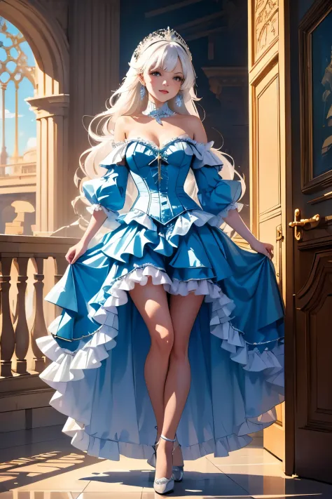 Highly detailed RAW color photo, full body, 16 years old, blue dress, off shoulder dress, lolita dress, pixar style, in the styl...