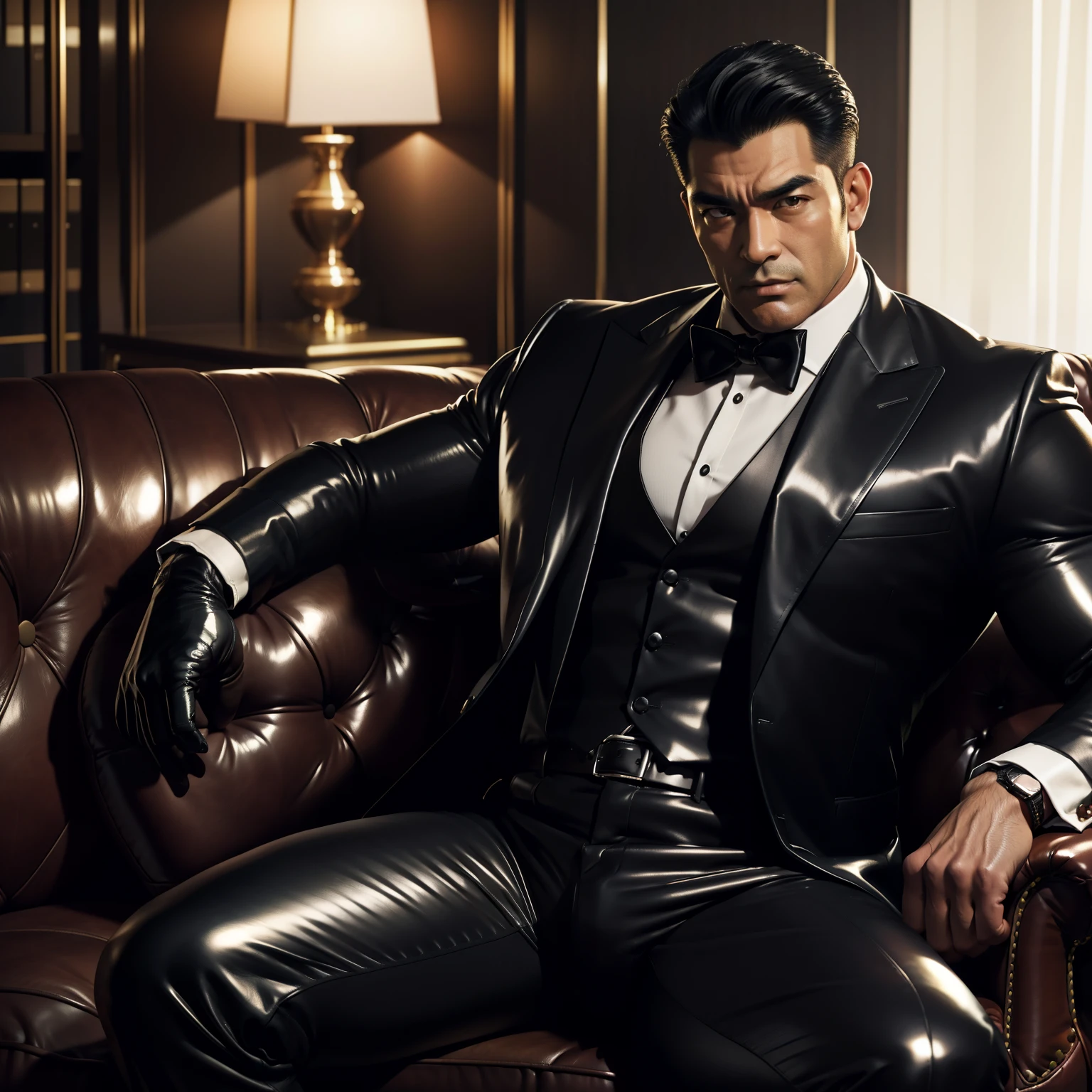 30 years old,daddy,"shiny suit ",Dad sat on sofa,k hd,in the office,"big muscle", gay ,black hair,asia face,masculine,strong man,the boss is,handsome,,leather gloves,lecherous dad,look straight ahead,dad is handsome,dad is handsome ,dad is "horny dad"