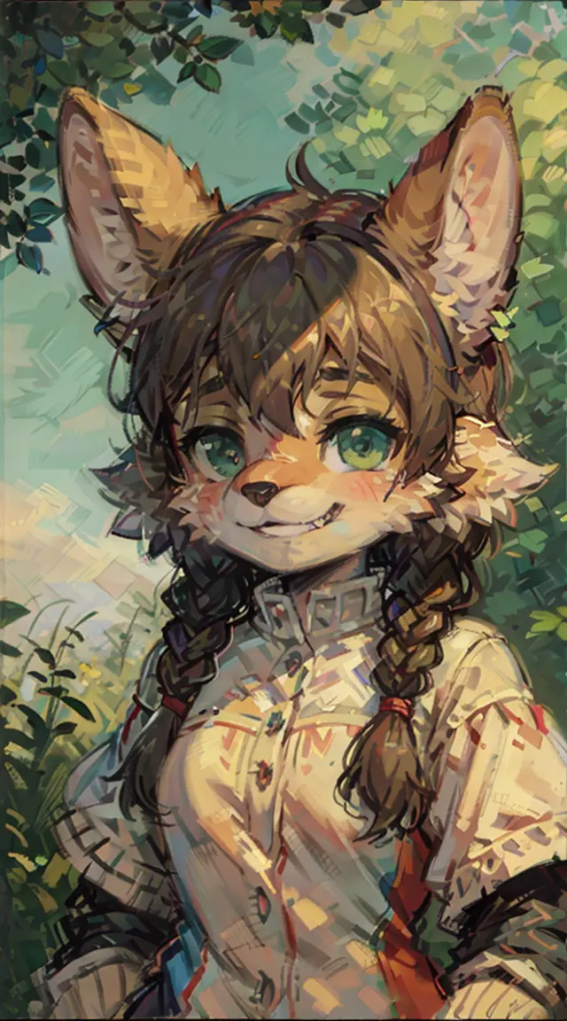 (furry art:1.5),(furry),(furry gril),furry dog,monet impressionist style, green hair, long braid, sunglasses, animal ears, clenc...