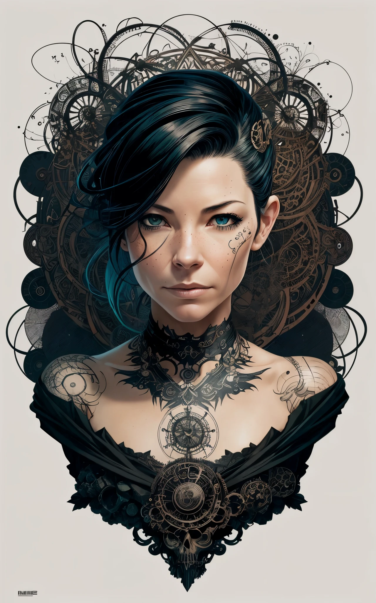 (Evangeline Lilly) is a beautiful charming woman carved out of dark smoke, dressed as a Steampunk girl in black, circular colored smoke, waves of shadows at night, abstract skull ornaments, pixie back fade haircut, soft colors, flat 4d street art in the style of adrian ghenie, esao andrews, jenny saville , edward hopper, surrealism, james jean dark, takato yamamoto, inkpunk minimalism, , detailed symmetrical brown eyes with circular iris, seamless geometric pattern harmony, luminogram, iron gall ink, art by Russ Mills, Sakimichan,, by GIlSam -paio octane rendering depicting innovation and truth, 8k, by Lee Jeffries, depth - Gs studio